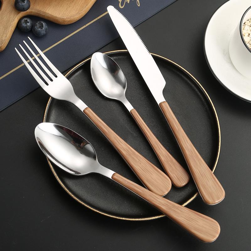 New Stainless Steel Cutlery Set with Imitation Wooden Handle Western Household Spoon Knife Fork Dinnerware Kitchen Tableware