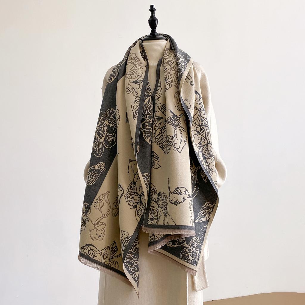 Printed Splicing Flowers Double-sided Imitation Cashmere Scarf Winter High-end Warm Shawl