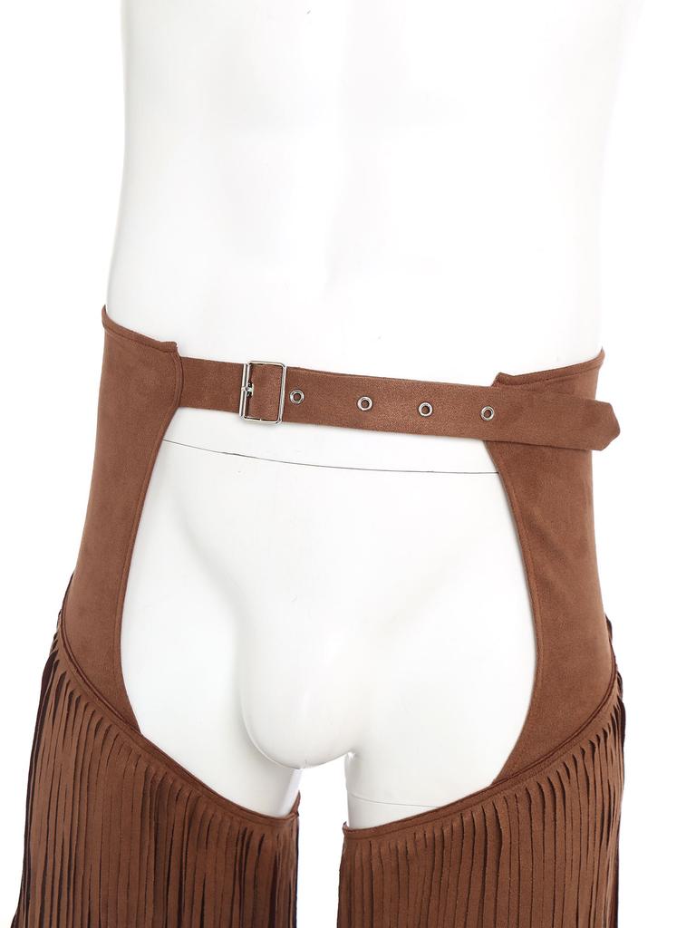 Adjustable Buckles Western Pants S-3XL for Adults Men - Cowboy Open Crotch Buttless Style with Layered Fringe for Raves Christmas Parties