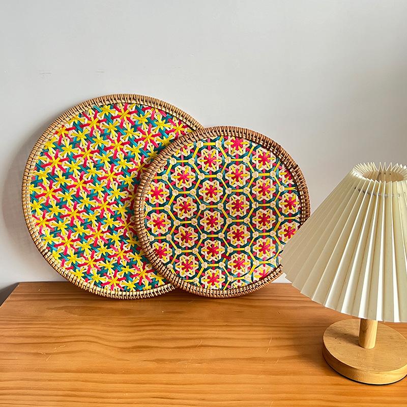 Rattan and Bamboo Woven Handmade Retro Characteristic Woven Colorful Tea Coaster Round Anti-scalding Heat Insulation Pad