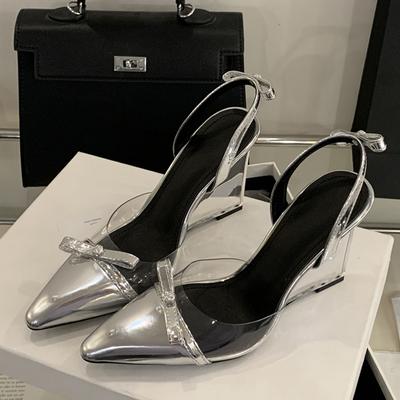 Модные женские туфли-лодочки со стразами и бантом на заднем ремешке, с острым носком, на прозрачной танкетке и высоком каблуке, для вечеринок и выпускных вечеров, Zapatos Mujer