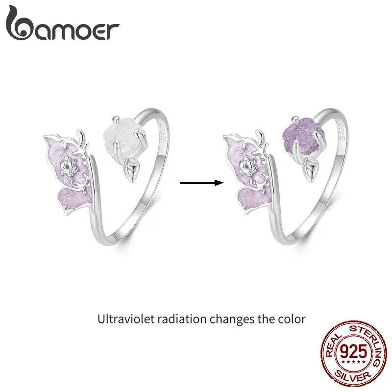 Bamoer, стерлинговое серебро 925 пробы, фиолетовое, пурпурное, эмаль, кольцо с бабочкой, цвет, сменное кольцо с цветком для женщин, ювелирные изделия для вечеринок