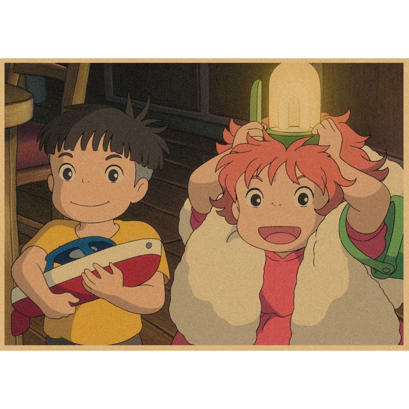 Ponyo on the Cliff Retro Anime Poster - Kraft Paper Wall Art