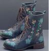 Woman Ankle Boots Embroidery Big Size 43 Flower Boots Autumn Winter Lace Up PU Leather Female Footwear Ladies Shoes