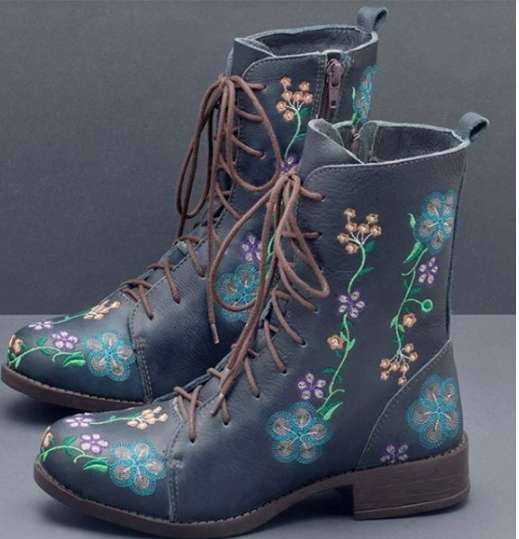 Woman Ankle Boots Embroidery Big Size 43 Flower Boots Autumn Winter Lace Up PU Leather Female Footwear Ladies Shoes