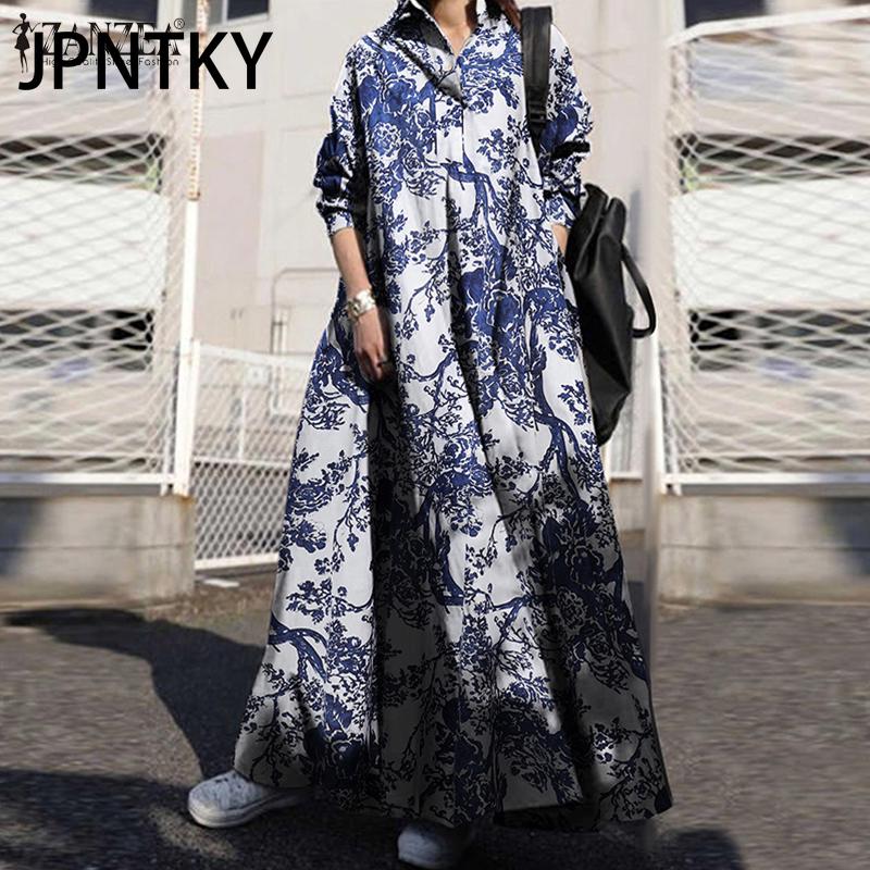 Женское платье макси свободного кроя с длинными рукавами и цветочным принтом