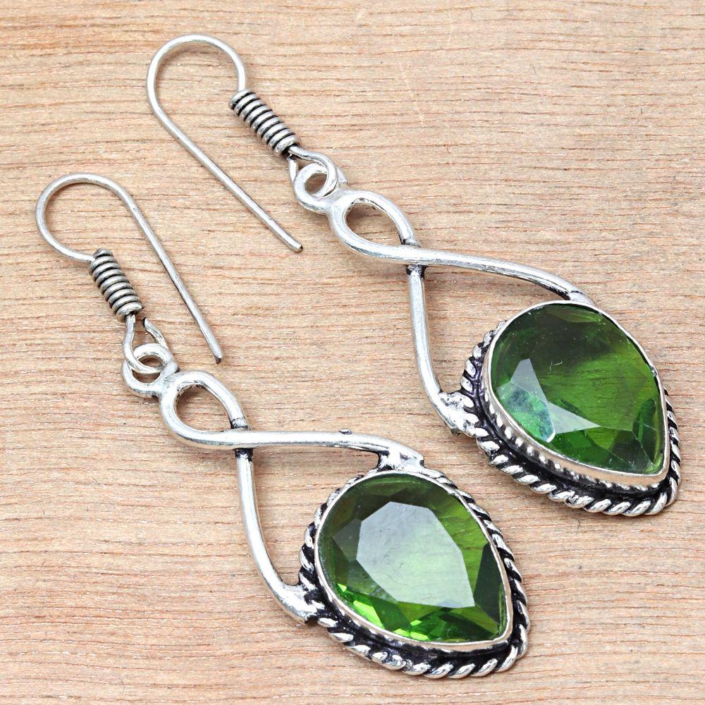 Перидот кварц драгоценный камень ручной работы подарок для нее серебряные ювелирные серьги 1.5''