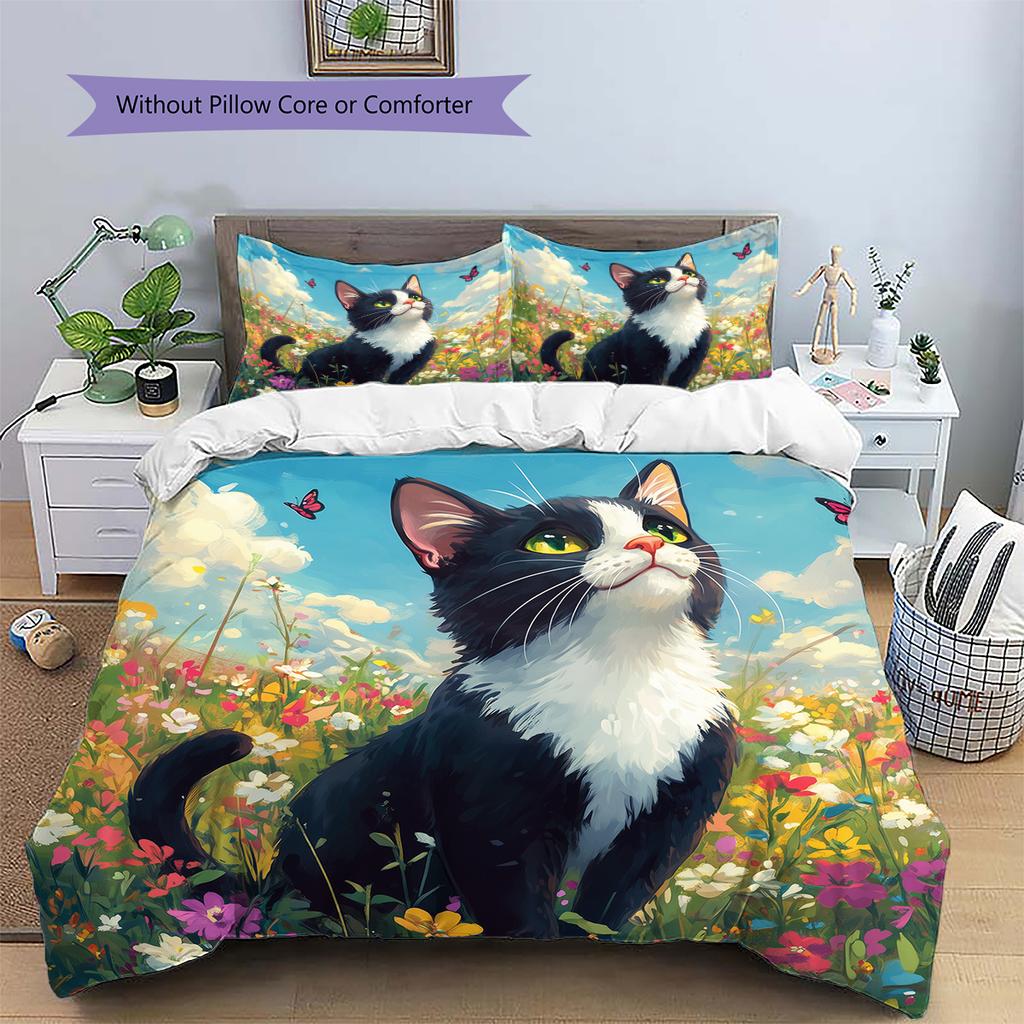 Beautiful Cow Cat Pattern Bedding Home Decoration Birthday Gift (1 * duvet cover + 2 * pillowcase, without core)