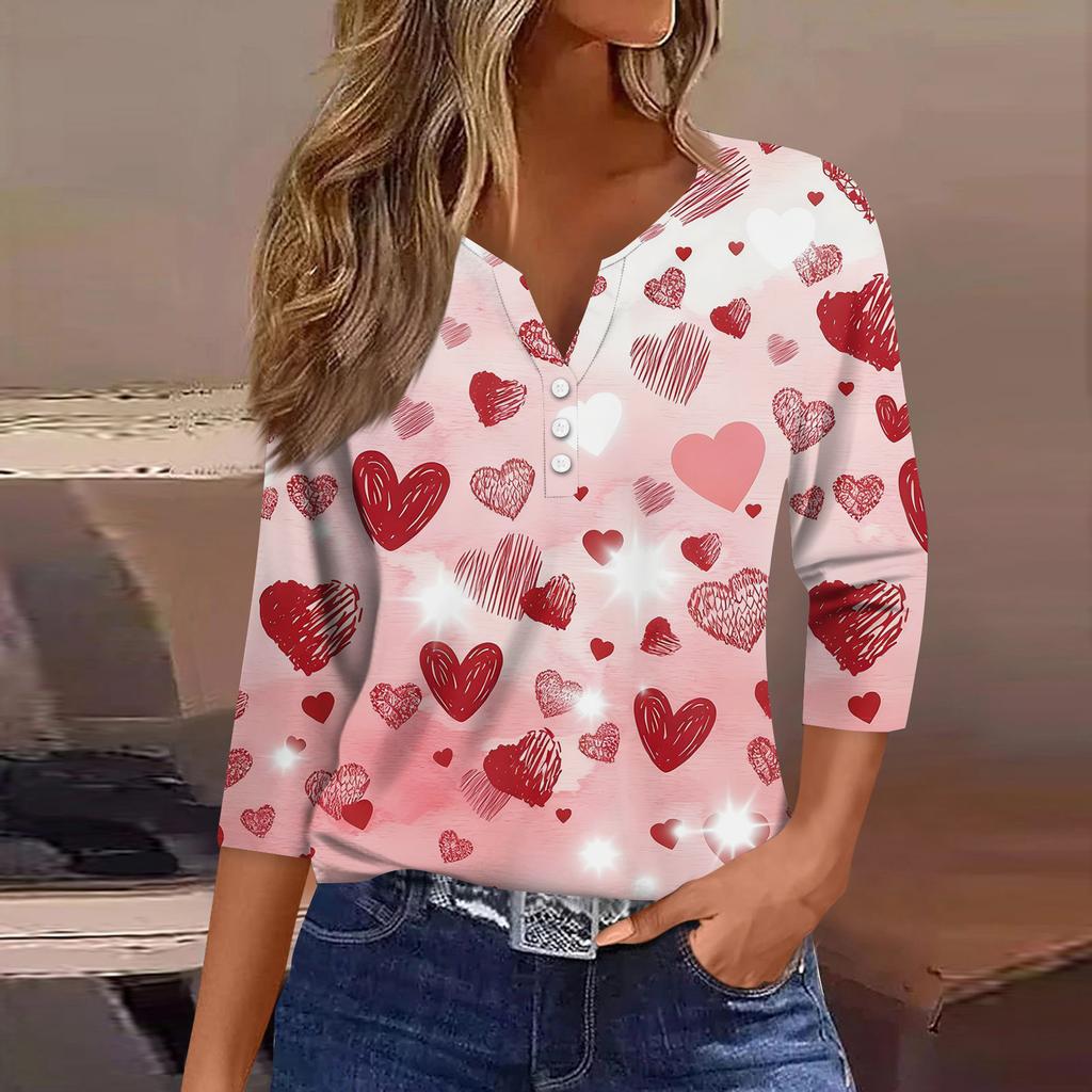 Женская модная рубашка на пуговицах с V-образным вырезом, рукавом три четверти, с принтом ко Дню святого Валентина