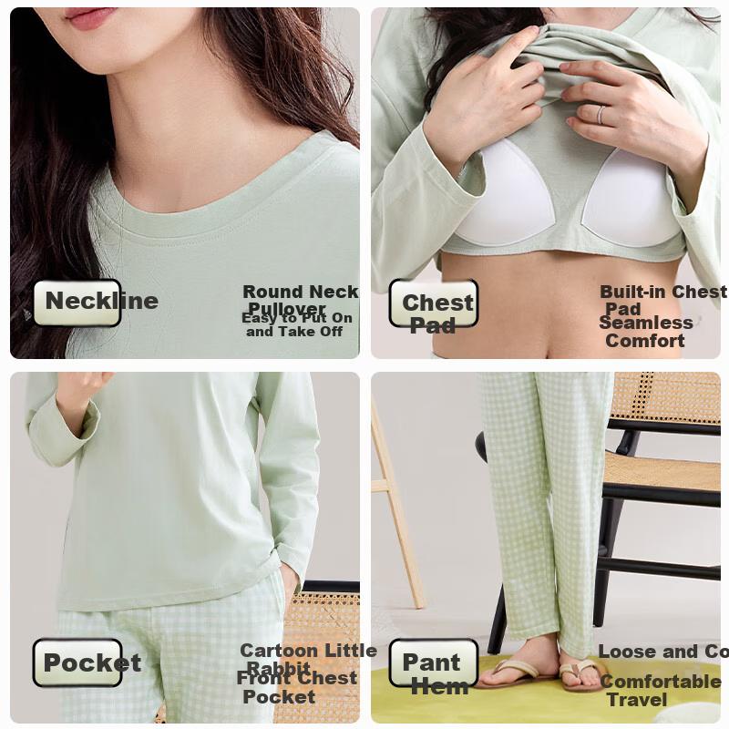 LangSha Women's Pajamas, Spring And Summer, 100% Pure Cotton, with Chest Pads, Long-Sleeve Loungewear, Suitable for Outdoor Wear, 2026 New Style, Gree