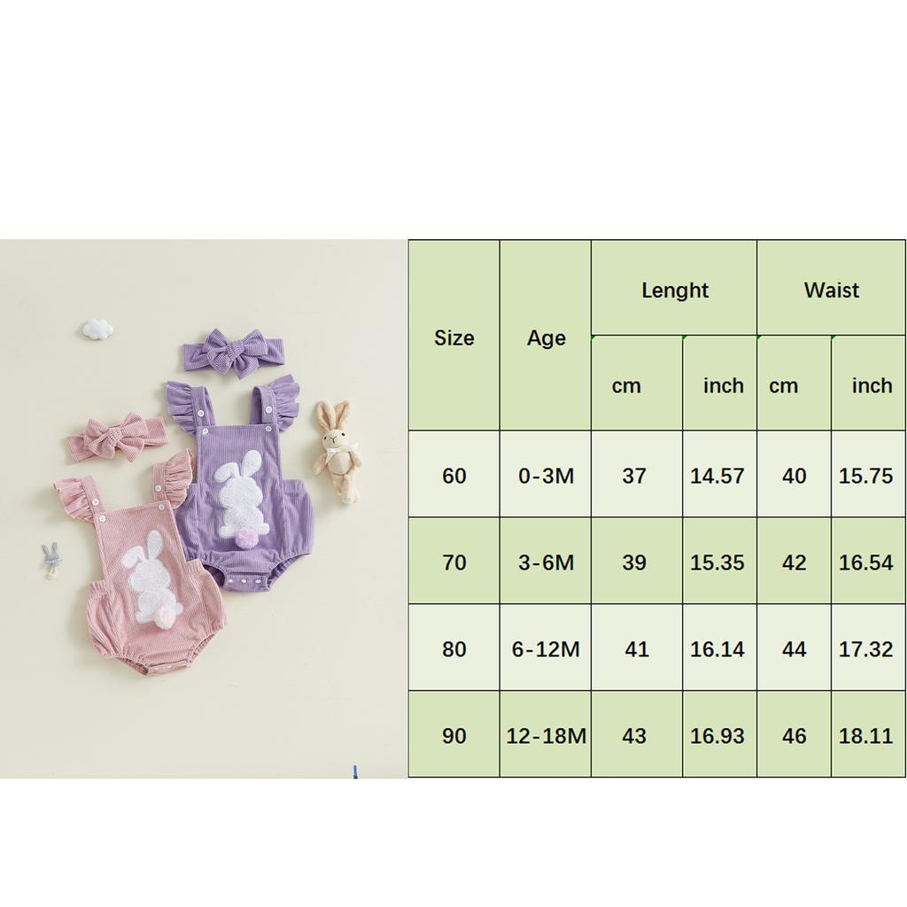 Baby Girl Easter Casual Romper Flying Sleeve Bunny Embroidery Romper with Headband