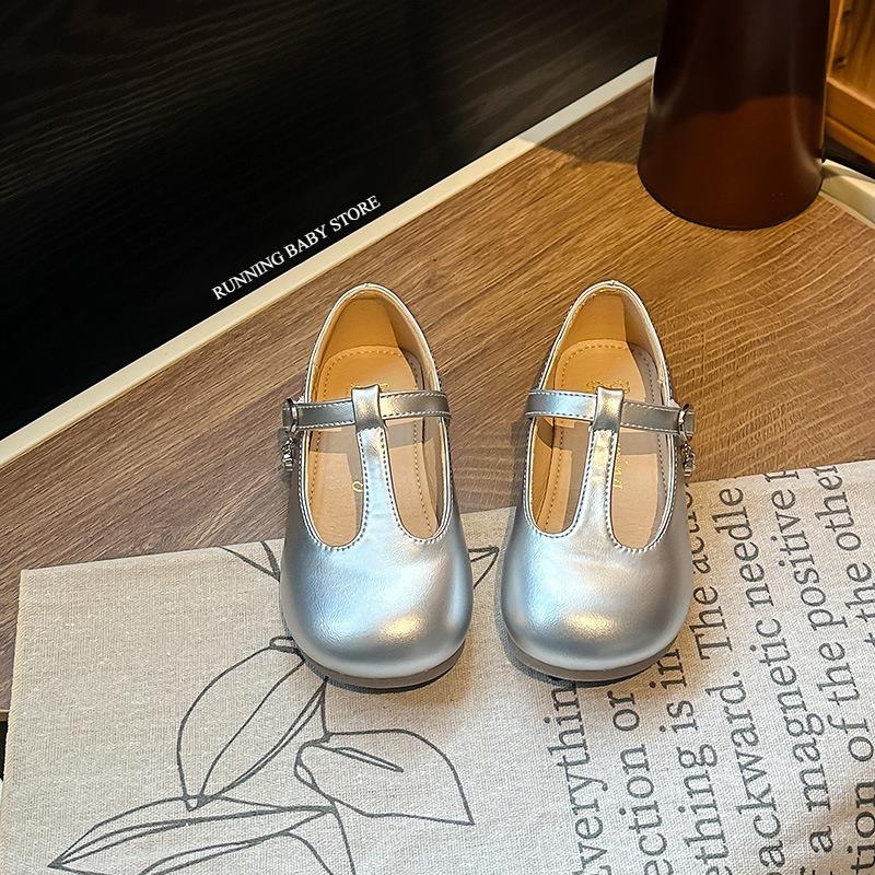 Chic Fall Soft Soled Girl's Leather Shoes Versatile Retro T-tied Roman Shoes Princess Flat Bottom Solid Color Shoes Child I08147