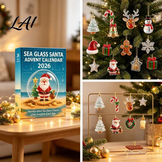 2D Sea Glass Ornament Set Christmas Advent Calendar 2026 24 Days Acrylic Tree Bear Elk Snowman Holiday Ornaments Countdown for Tree Window