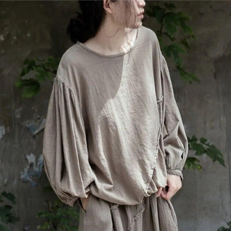 Johnature Women Vintage Lantern Sleeve T-Shirts Tees O-Neck Loose Solid Color Cotton Linen Clothes Autumn T-Shirts