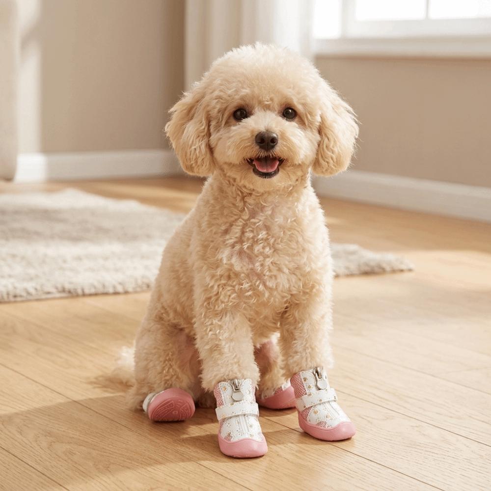 4Pcs Anti-Slip Sole Mesh Dog Shoes Golden Mesh Anti-Slip Dog Booties Indoor Activities