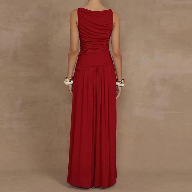 Elegant Pleated Midi Maxi Dress Women 2026 High Waist Slim Fit Solid Color Sleeveless Wrap Style