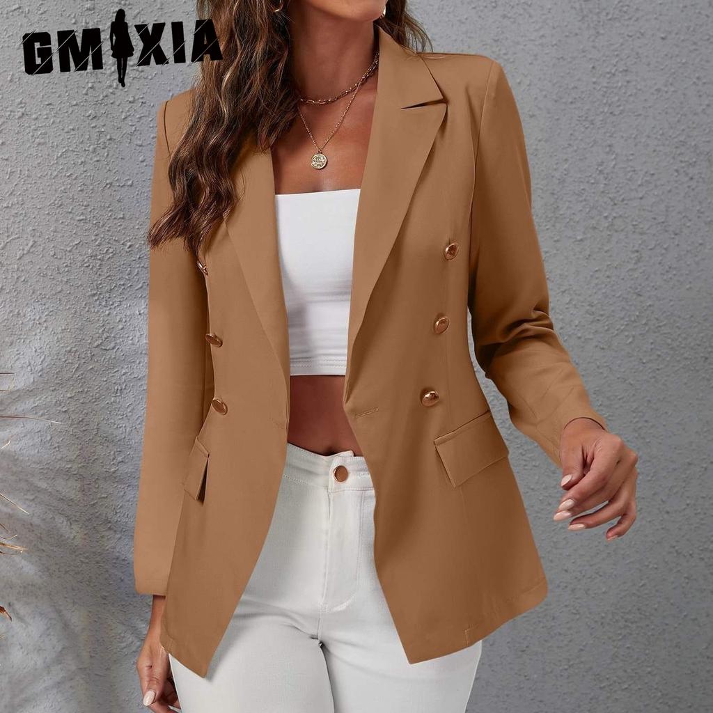 GMXIA Women's Vintage Casual Solid Color Print Small Suit Temperament Casual Loose Suit Top Spring Autumn Long Sleeve Jackets & Coats