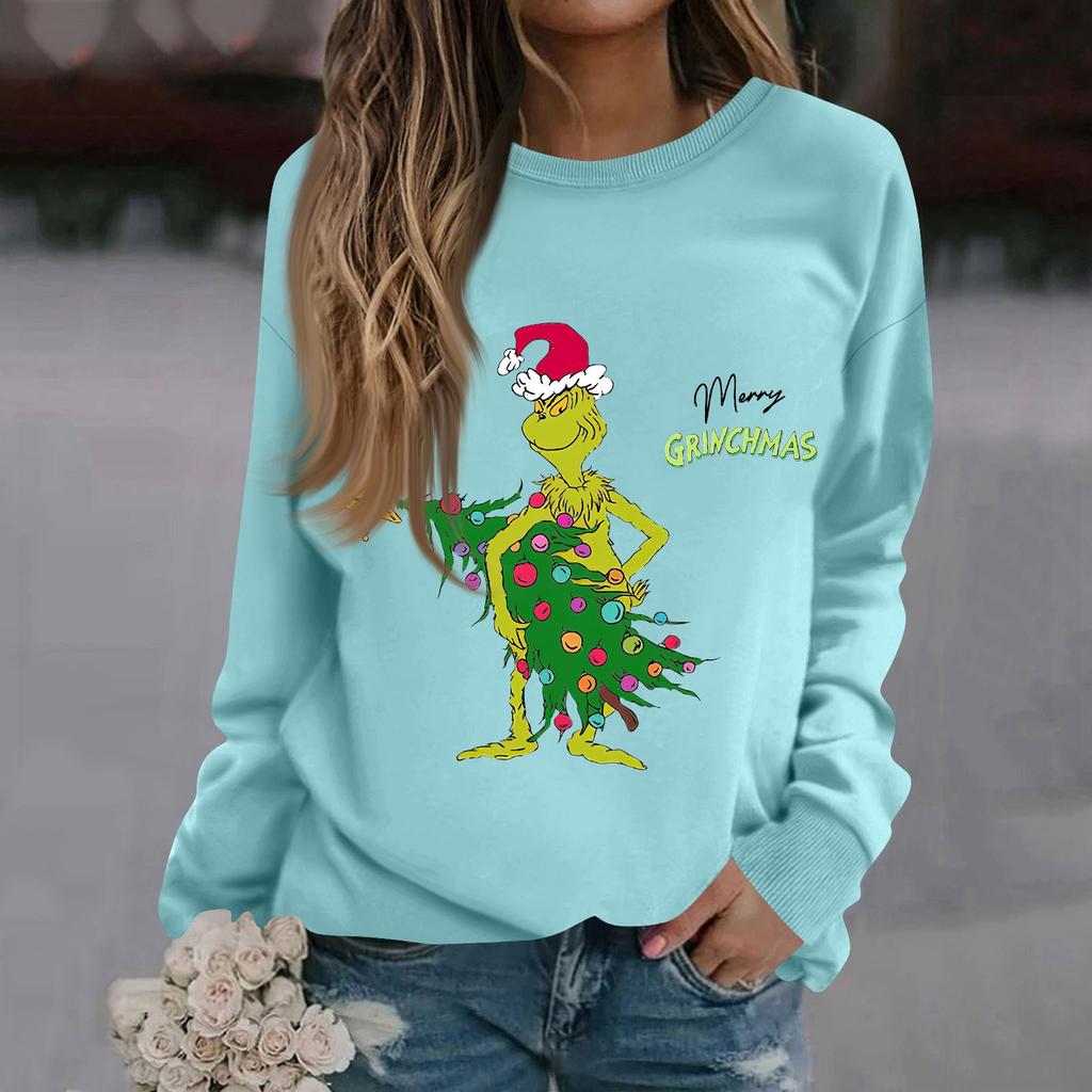 Women's Fashion Casual Long Sleeve Solid Color Christmas Printed Round Neck Top Sweatshirt