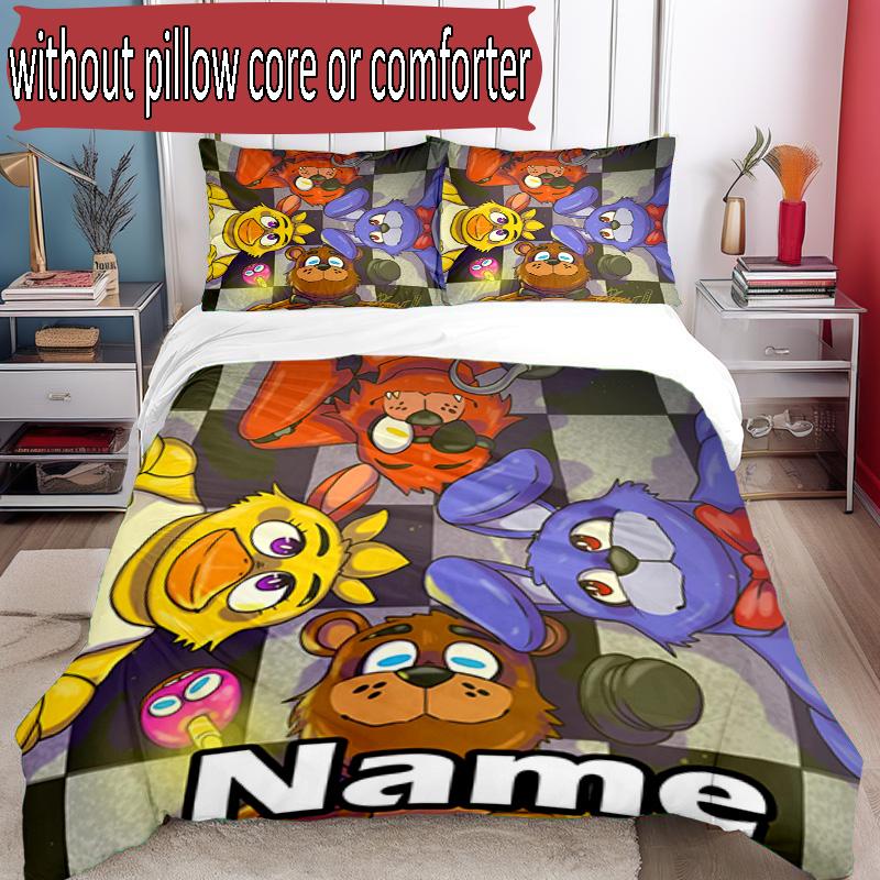 3pcs Duvet Cover Set (1*Duvet Cover + 2*Pillowcase, Without Core), Custom Name Five Nights at Freddy's Pattern Bedding Set, Home Bedroom Decor Gift