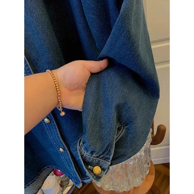 Рубашка джинсовая с воротником-стойкой в стиле колледжа в стиле ретро для женщин на весну и осень, небольшого роста, высококачественный и красивый топ