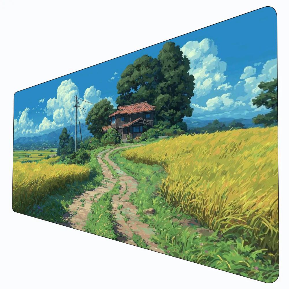 Anime Japanese Rural Rice Field Large Mouse Pad AntiSlip Rubber Desk Mat Country House Dirt Road Cumulus Cloud Scenery Gaming
