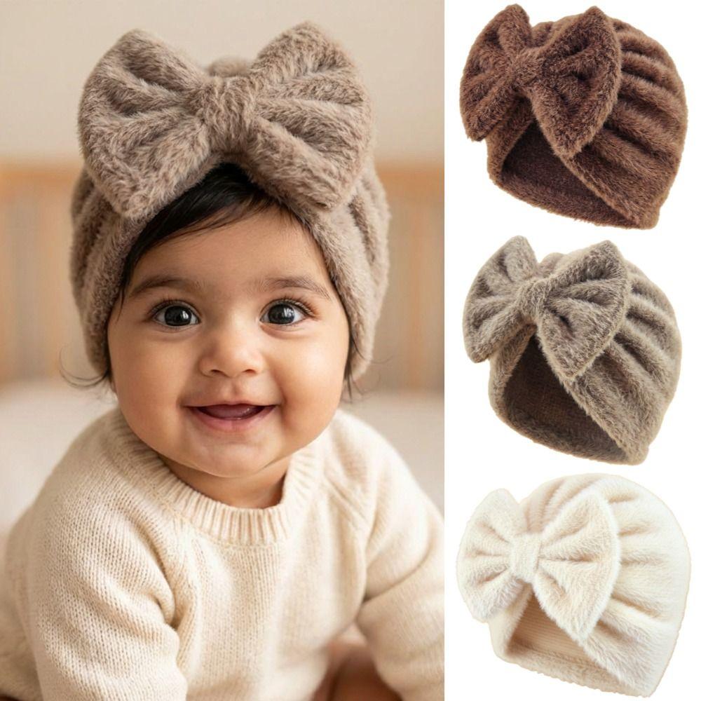 Вязаная шапка с бантом из плюшевого флиса, дышащая, для новорожденных, осенне-зимняя, детский платок-шапка, для девочек и мальчиков