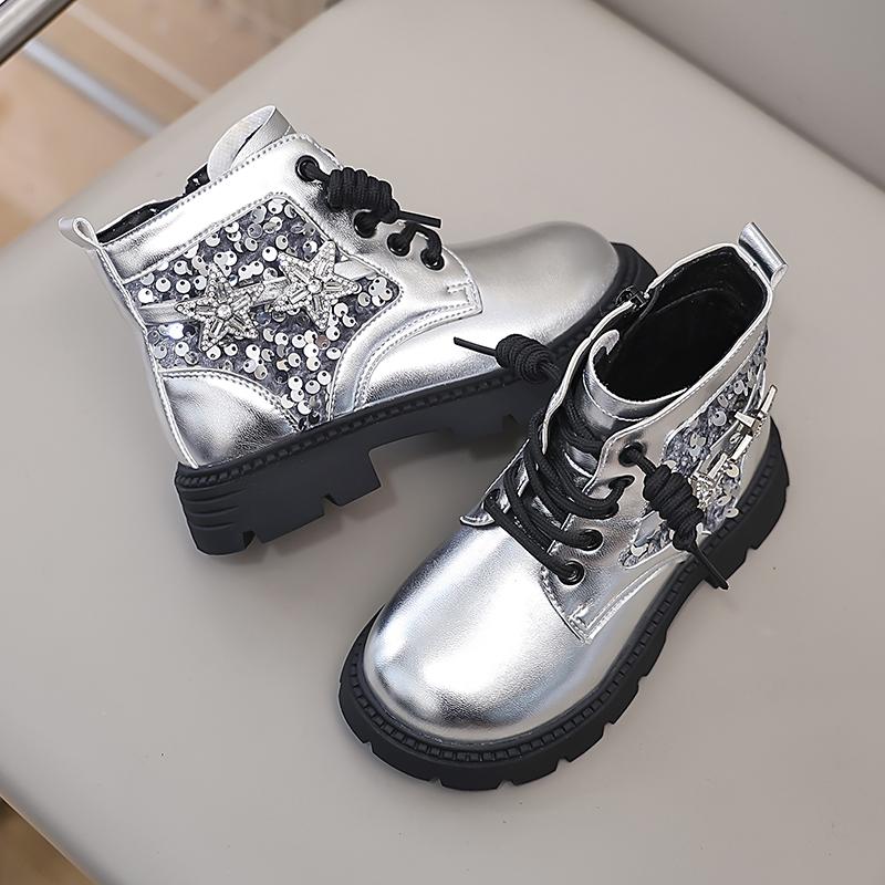 Winter Girls Sequins Boots Luxury Versatile Children Fashion Boots Black Silver Non-slip Kids Causal Ankle Cotton Boot Trend New