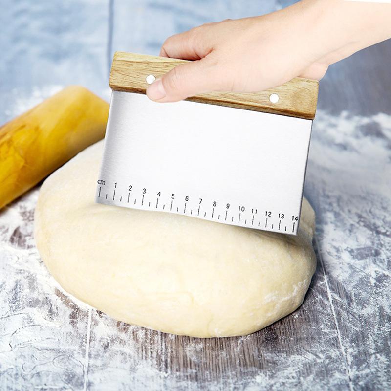 Stainless Steel Dough Scraper Kitchen Dough Bench Scraper Bread Cutter Chopper with Non-Slip Wooden Handle and Measuring Scales