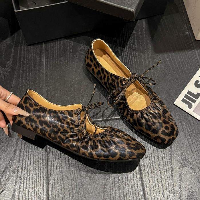 Fashion Leopard Square Toe Women Flat Sandals Marie Janes Shoes Woman Summer 2025 Trend Elegant Dress Comfort Soft Leather Zapatillas