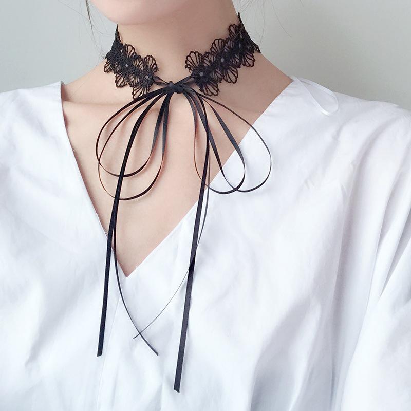 Black Lace Choker For Women Girls Gothic Bowknot Choker With Long Ribbon Lolita Clavicle Chain Necklace Halloween Jewelry Gift