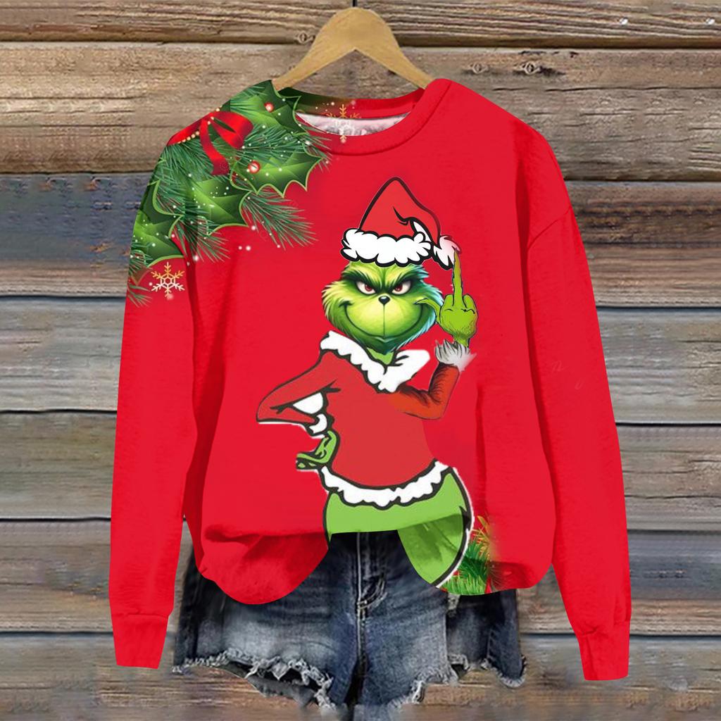 Ladies' Christmas Greentown Print Casual Long Sleeved Round Neck Sports Hoodie Top