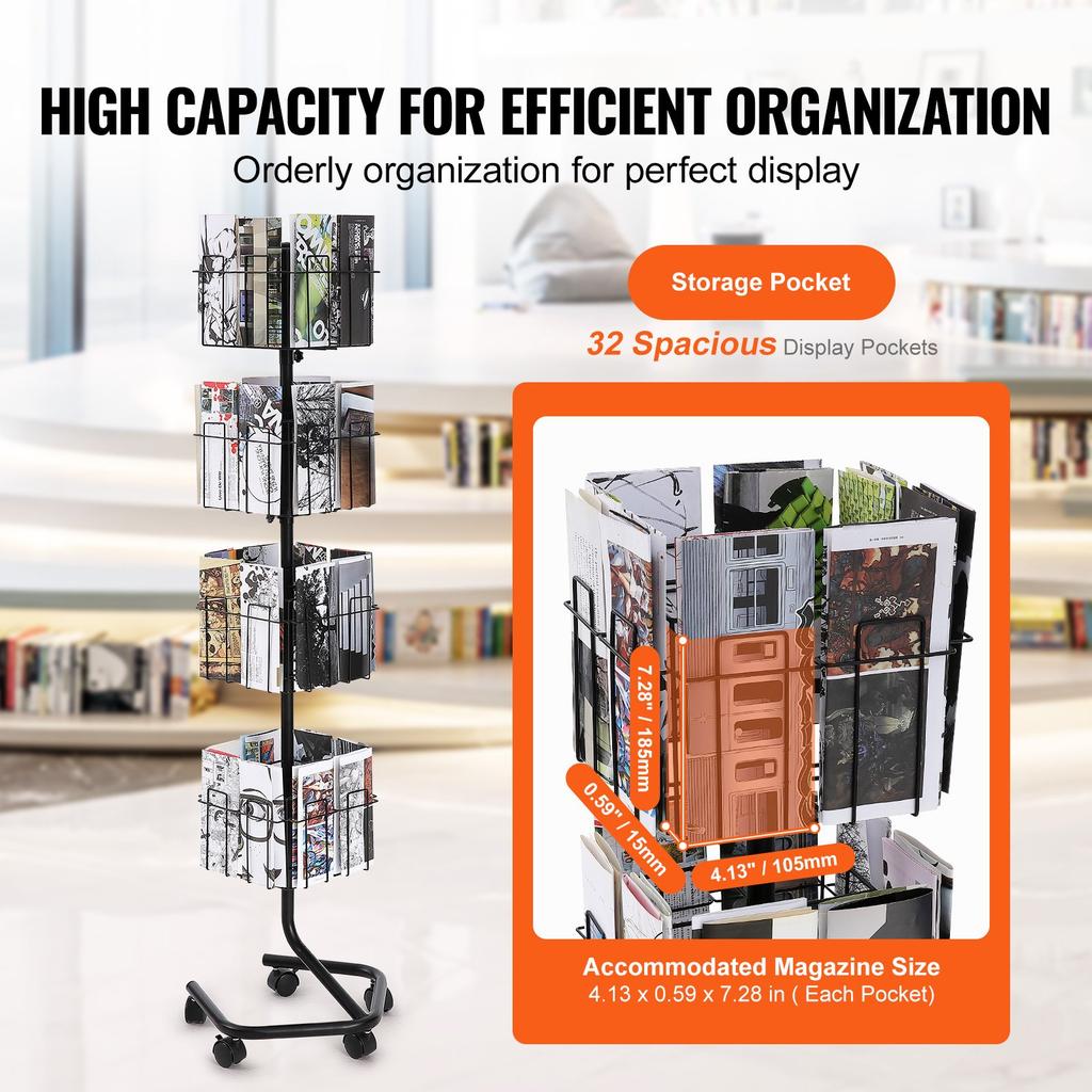 VEVOR Brochure Display Rack, 4-Tier 32 Pockets Rotating Magazine Literature Display Stand for Postcards