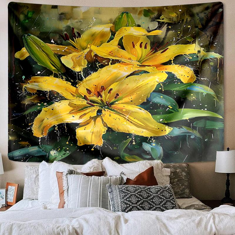 Golden Lily Bloom Tapestry Room Decoration Wall Hanging for Living Room Bedroom, dormitory, Birthday and Christmas gifts