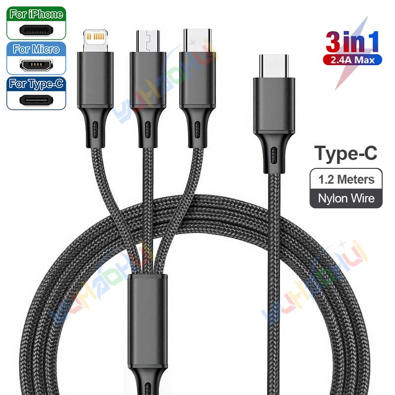 2.4A Макс. 3 в 1 USB-кабель для быстрой зарядки Lightning-кабель для iPhone Type C Кабель для зарядки мобильного телефона для Xiaomi Samsung USB Micro