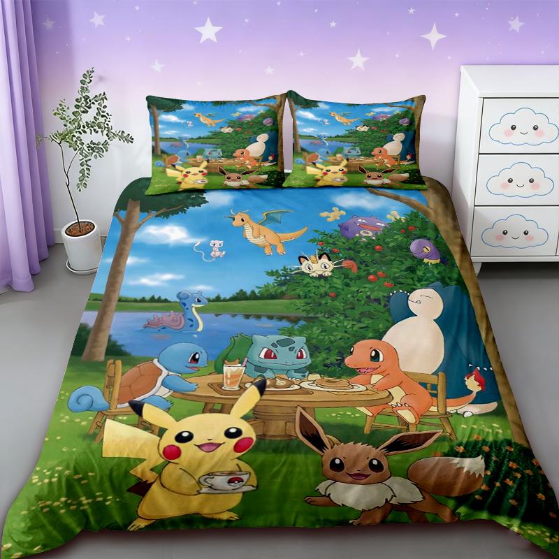 Постельное белье Pokemon Мультяшное Аниме Детская Спальня Пододеяльник Мальчик Девочка Постельные принадлежности Односпальное Двуспальное King Пододеяльник Пикачу Подарок
