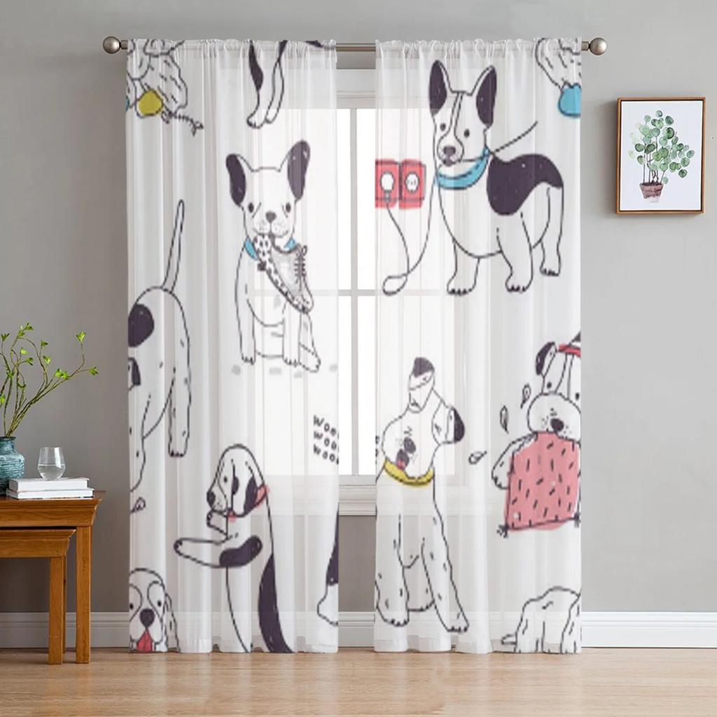 Тюлевые шторы с изображением щенка бультерьера для гостиной, спальни, современная вуаль, кухонные шифоновые прозрачные шторы