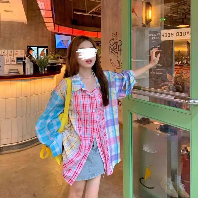 Женская клетчатая рубашка с цветными блоками, летняя новинка, свободная повседневная рубашка с солнцезащитой, американский хай-стрит, тонкий топ с длинным рукавом