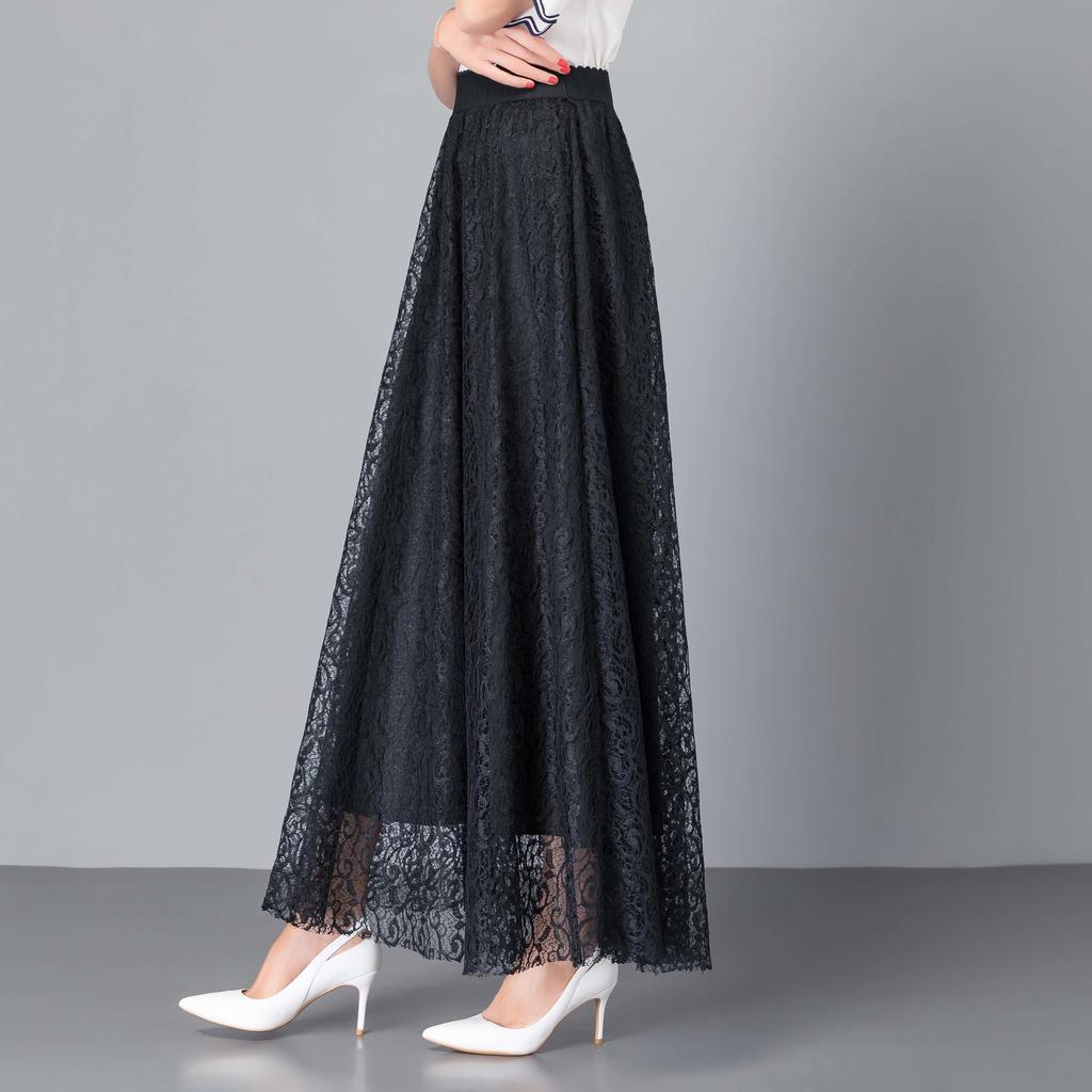 Женская весенняя элегантная кружевная эластичная полуюбка с высокой талией, темпераментная универсальная однотонная длинная юбка трапециевидной формы с большим подолом