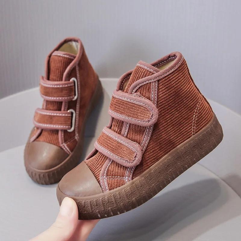 Hook&Loop Soft Corduroy Kids Sneakers School Casual All-match Children Girl Shoes High Top Autumn Boys Boots E08051