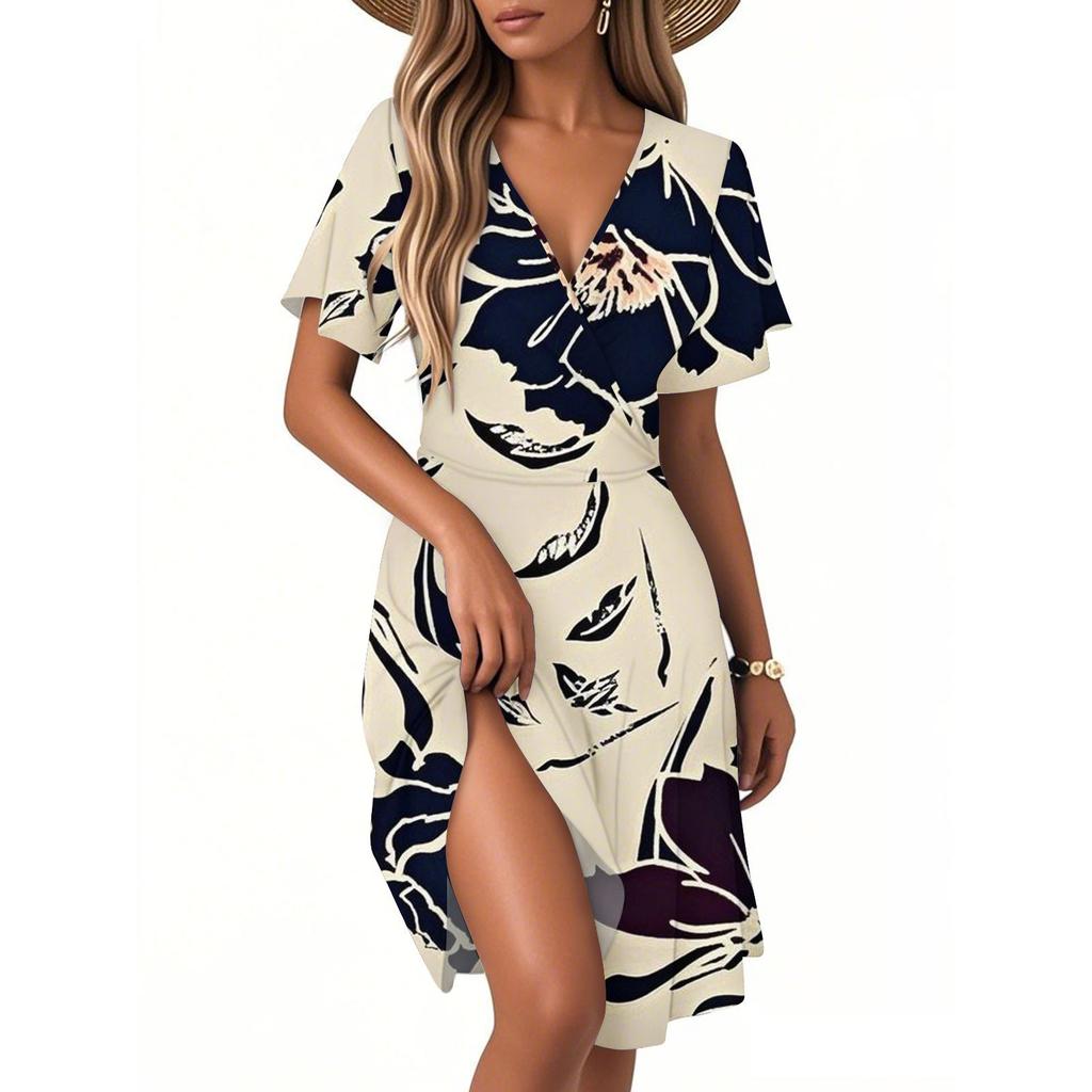 Women's Casual Fashion Dress Vintage Floral Floral Short Sleeve V-neck Dress