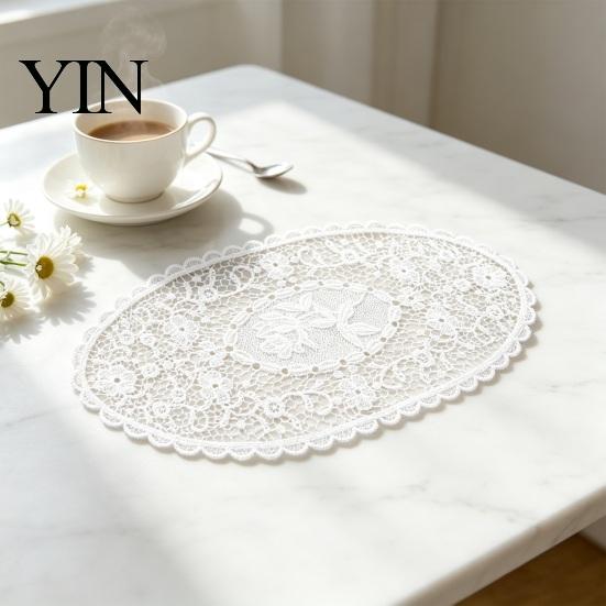 Rectangular Lace Mats for Coffee Tables White Doily, Elegant Retro Placemat, Embroidered Table Decorative Centerpiece Dining Mat, Round Oval