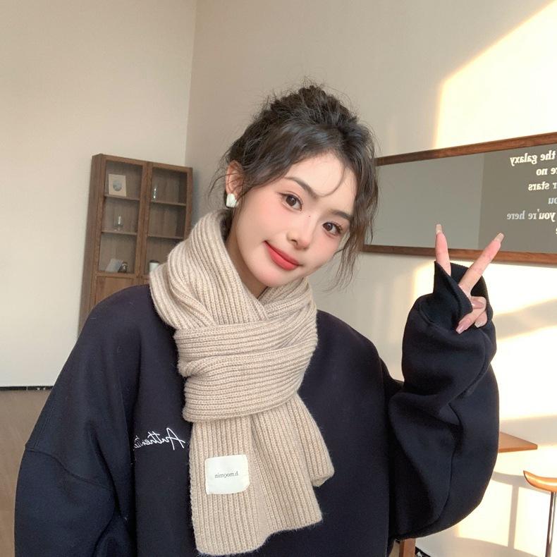 White scarf women's winter solid color wool thickened knitted warm scarf new Korean version versatile high sense