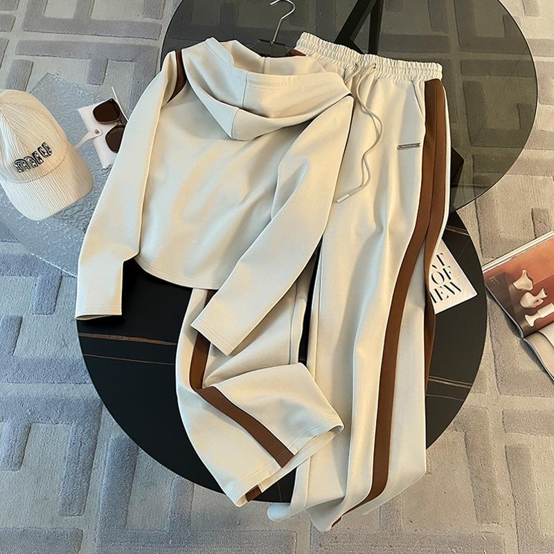 Women's Autumn Casual Tracksuit, Slim Fit Hooded Zip-Up Jacket and Wide Leg Pants 2-Piece Outfit Set