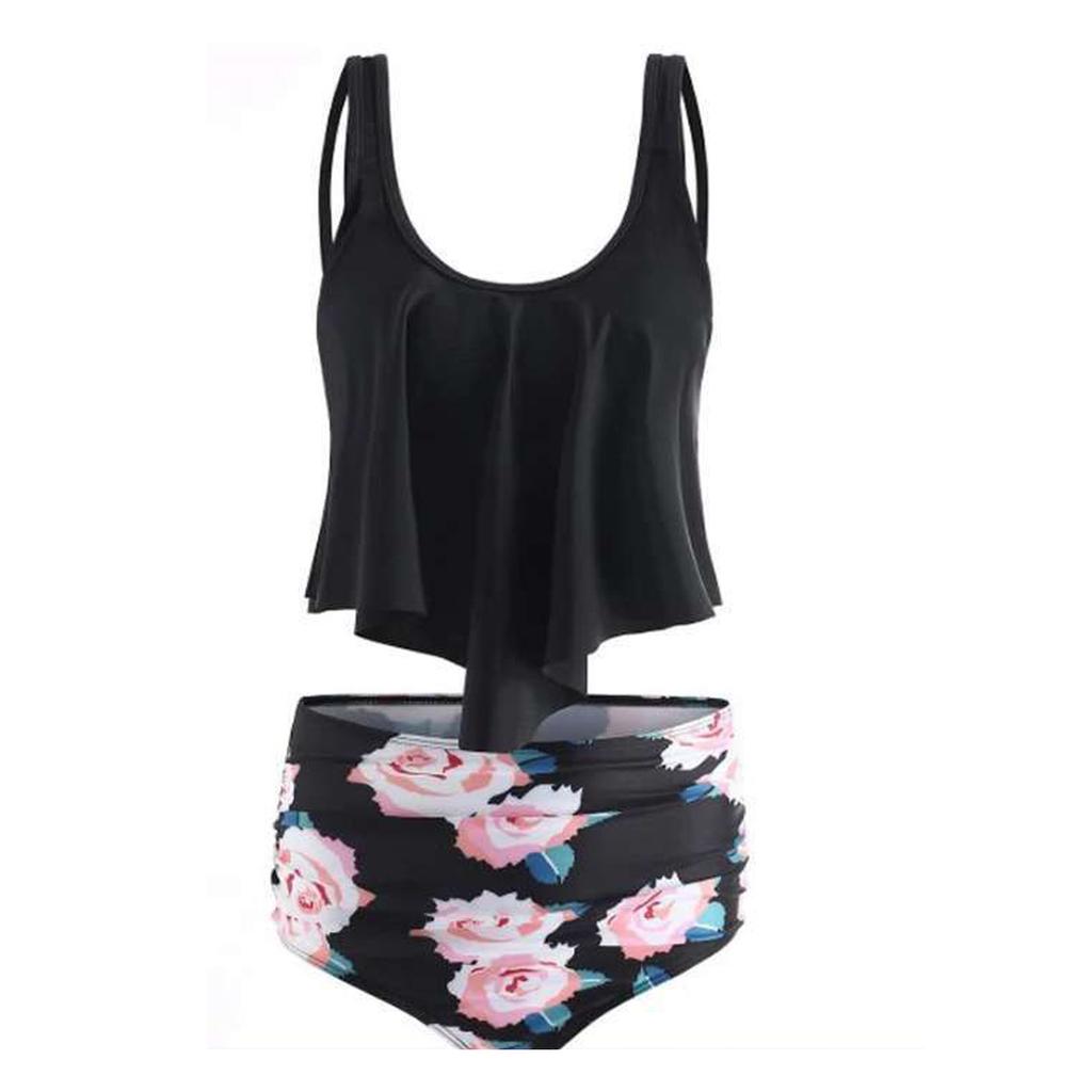 Бикини с рюшами и принтом закрывает живот и демонстрирует тонкий разделенный купальник для женщин