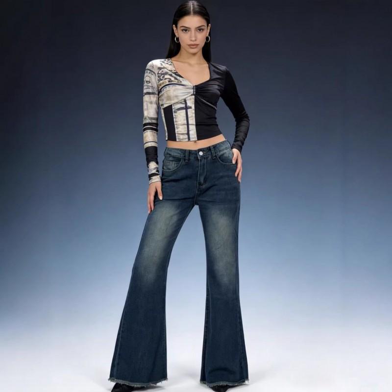 Mid-Rise Distressed Flared Jeans Women Classic Denim With Raw Hem Regular Fit Cotton Blend