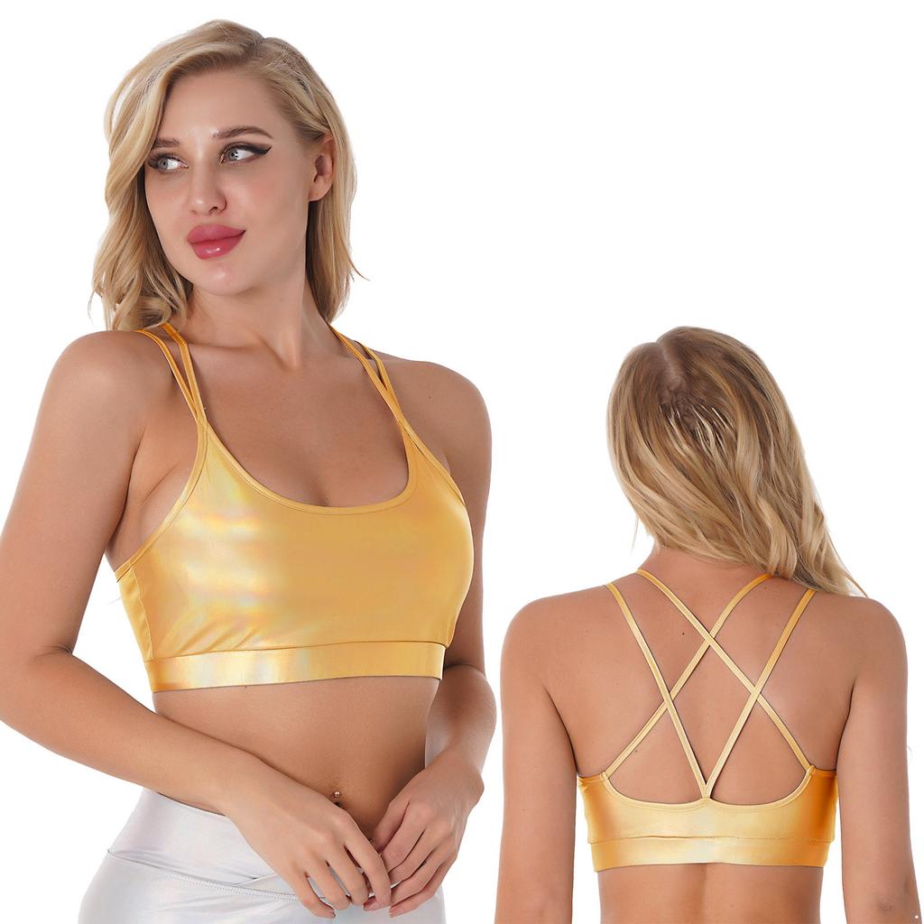 Женские блестящие металлические бретели на спине, с открытой спиной, съемные подушечки, бюстгальтеры для тренировок в тренажерном зале, йоге, жилет, топы