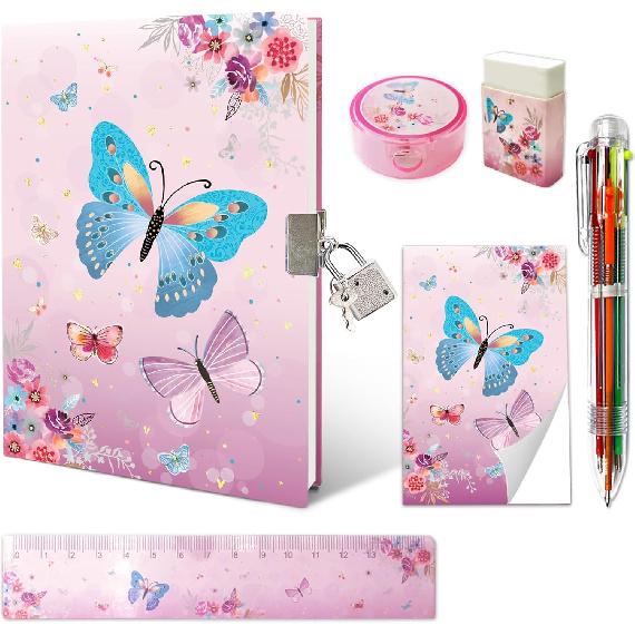 Butterfly Girls Diary with Lock, Set of Diary for Girls Incl. Kids Journal with Lock & Pen (6-Multicolor) Memo Ruler Sharpener Eraser Pink Girls