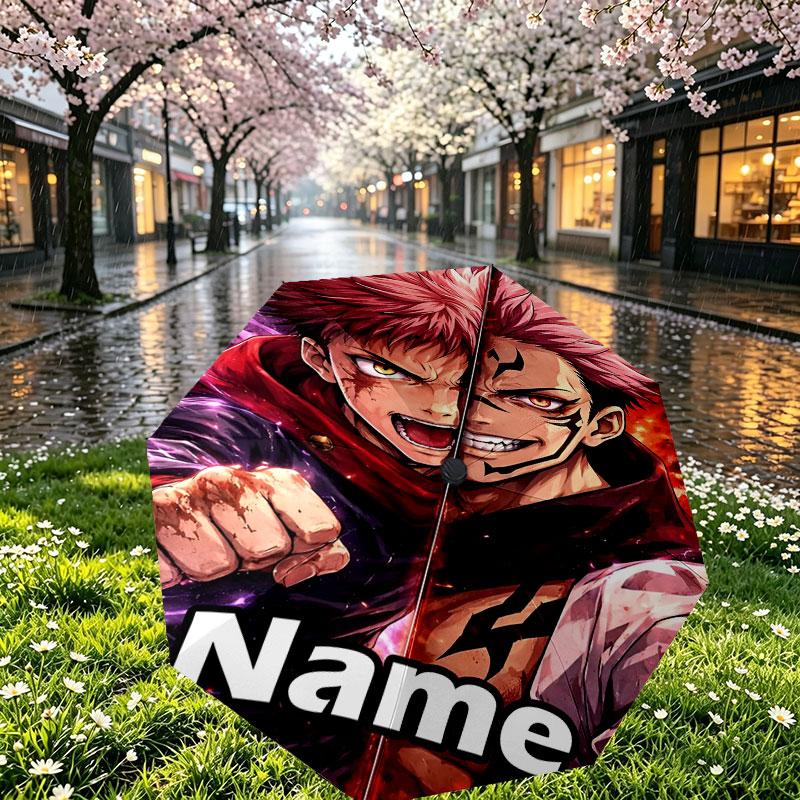 Custom Name Personalized Jujutsu Kaisen Print Umbrella, Auto Open Close, 8‑Rib Sturdy Frame, Commute Camping Hiking Use, Birthday Gift
