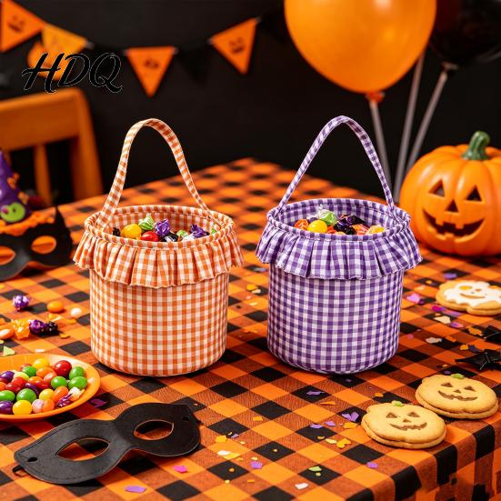 Versatile Household Storage Halloween Basket Plaid Ruffle Trick or Treat Candy Bucket with Handle Celebration