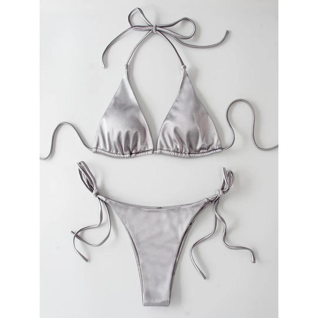 Sexy 13 Colors Halter Satin Brazilian Bikini Women Swimwear Female Swimsuit Two-pieces Bikini Set Bather Bathing Suit Swim